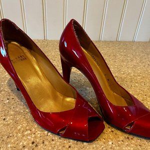 Stuart Weitzman Candy Apple Red 3 1/2inch patent leather peeky toe heels, 7M